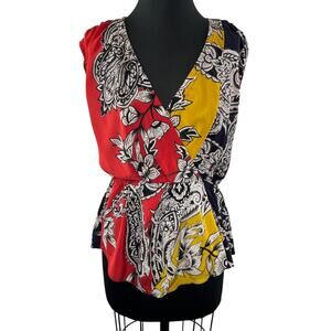 Vintage YOANA BARASCHI Red Yellow Black Floral Print VNeck Wrap Blouse Top Y2K M